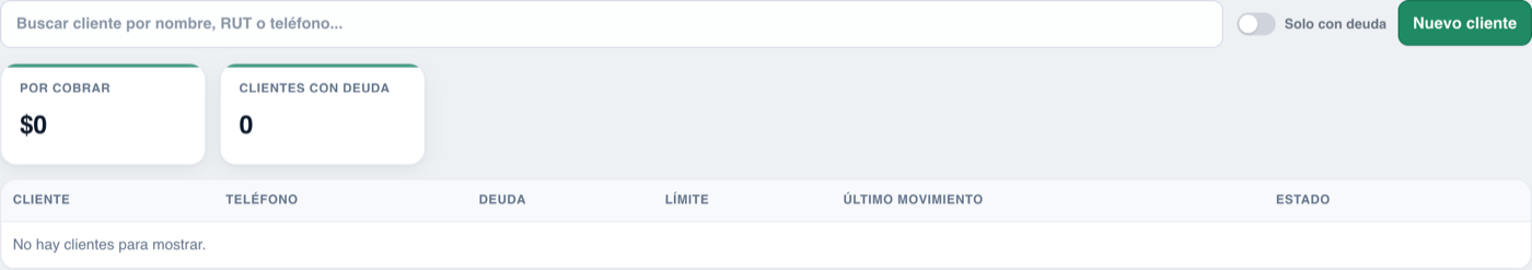 Pantalla de clientes con fiado