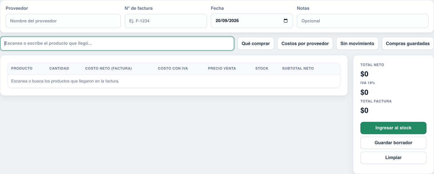 Pantalla de compras a proveedores