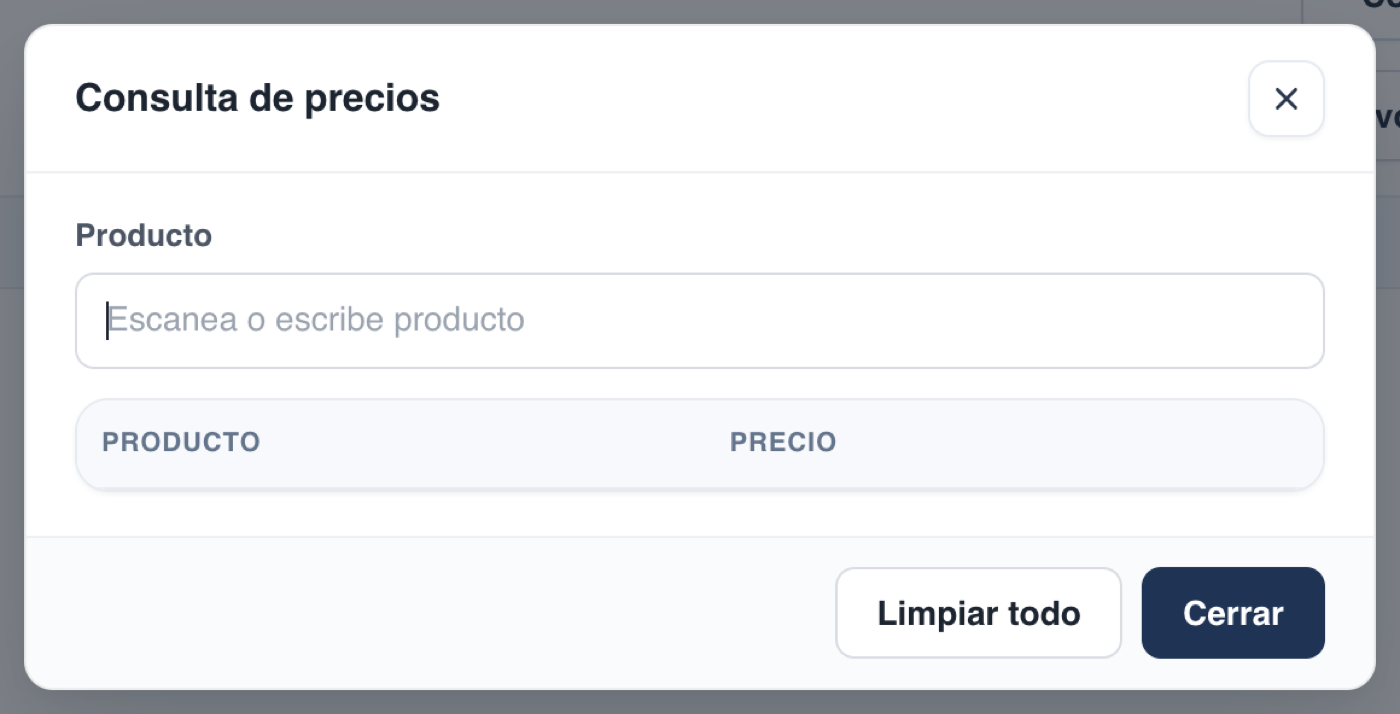 Pantalla de consulta de precios